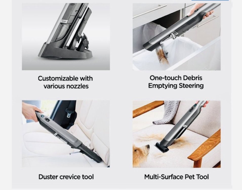 Shark handheld vacuum vacuuming white car seat, dog fur off couch, emptying in bin and sitting on a stand. Click on picture link to purchase online.