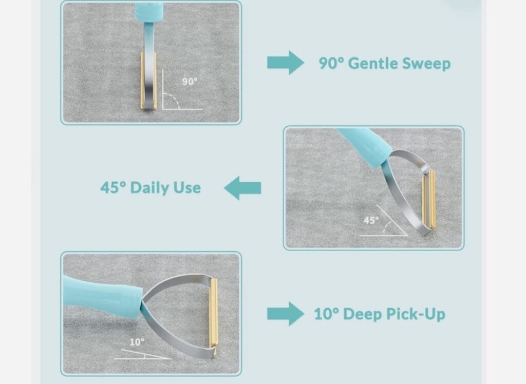 White cat sitting on blue rug. Pet fur cleaner for sofa, pillows, towers, rugs and coats. Click on picture to purchase online.