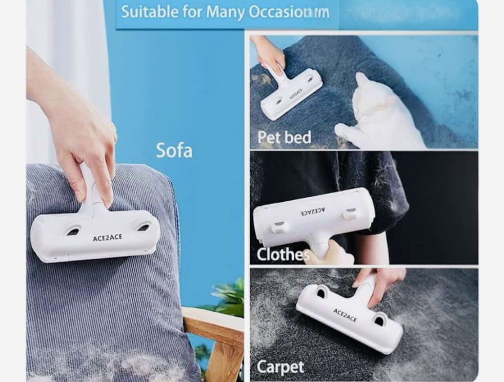 ACE2ACE white pet hair remover machine on sofa, pet bad, clothes, carpet. Click on picture link to purchase online.