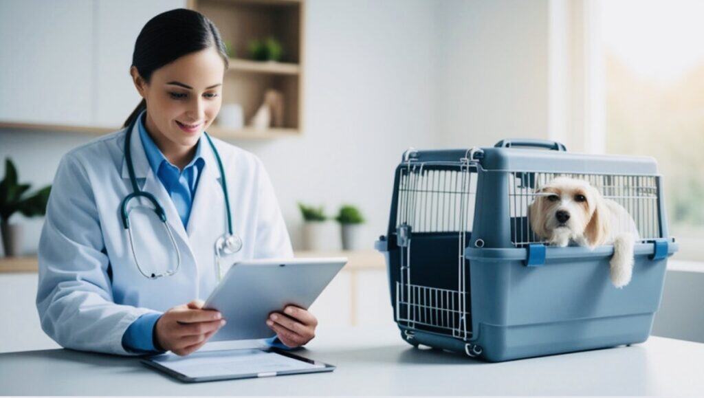 Small light brown dog sitting in blue pet carrier place next to a vet lady. Click on picture link to purchase carrier online.