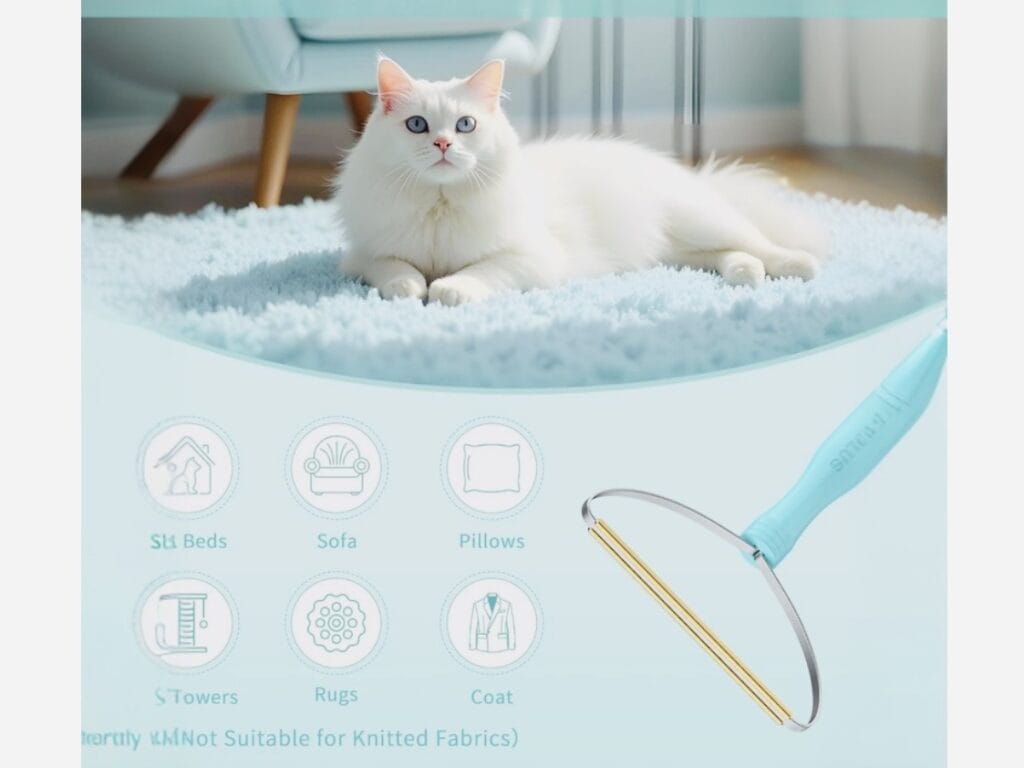 White cat sitting on blue rug. Pet fur cleaner for sofa, pillows, towers, rugs and coats. Click on picture to purchase online.