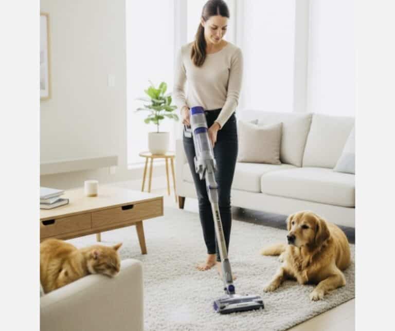Lady vacuuming with cordless shark vacuum in a lounge room with a dog on the floor and ginger cat on the cream chair. Click on picture link to purchase vacuum online.