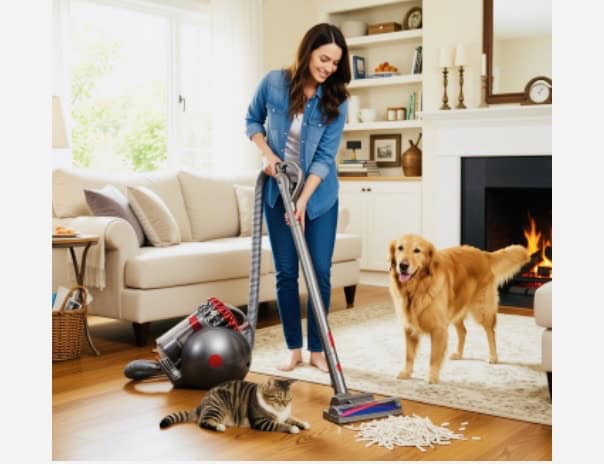 lady with jeans and denim jacket using dyson ball vacuum in lounge room on wooden floors near tabby cat and golden retriever dog. Click on picture link to purchase Dyson ball online.