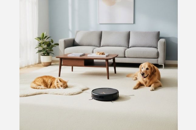 ginger cat and lab dog sitting in lounge room on beige carpet near black robot vacuum.