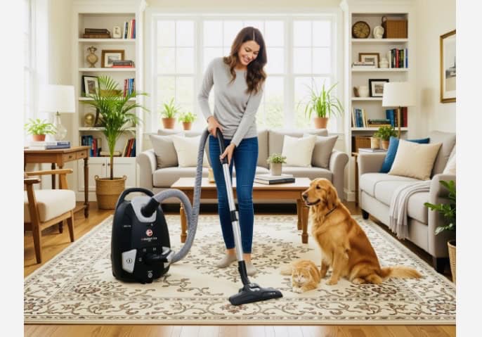 lady vacuuming lounge room with black bagged hoover vacuum near golden retriever dog and ginger cat. Click on picture link to purchase hoover online.