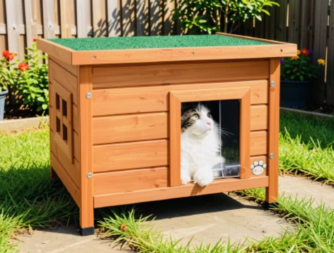 tabby and white cat sitting in wooden outdoor cat house in backyard near grass. click on picture link to purchase cat house.