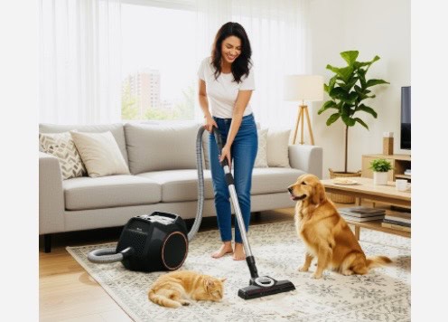 lady with jeans and denim jacket using Miele vacuum in lounge room on wooden floors near ginger cat and golden retriever dog. Click on picture link to purchase Dyson ball online.