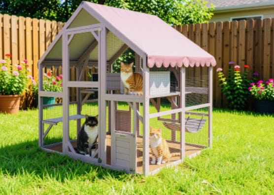 tabby and white cat sitting in wooden outdoor cat house in backyard near grass. click on picture link to purchase cat house.