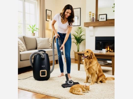 lady in jeans and white t-shirt vacuuming her lounge room with beige rug and sofa and with golden retriever dog and ginger cat. Click on picture link to purchase bagged vacuum online.