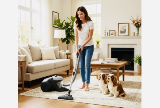 lady in jeans and white t-shirt vacuuming her lounge room with beige rug and sofa and 2 small brown and white dogs. Click on picture link to purchase bagged vacuum online.