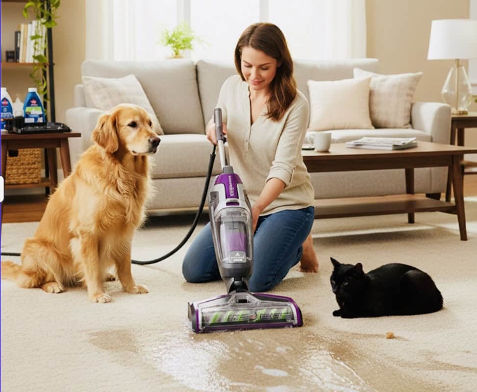 lady in jeans vacuuming mud off the carpet her black and white dog brought into the house. click on picture link to purchase wet and dry vacuum online.