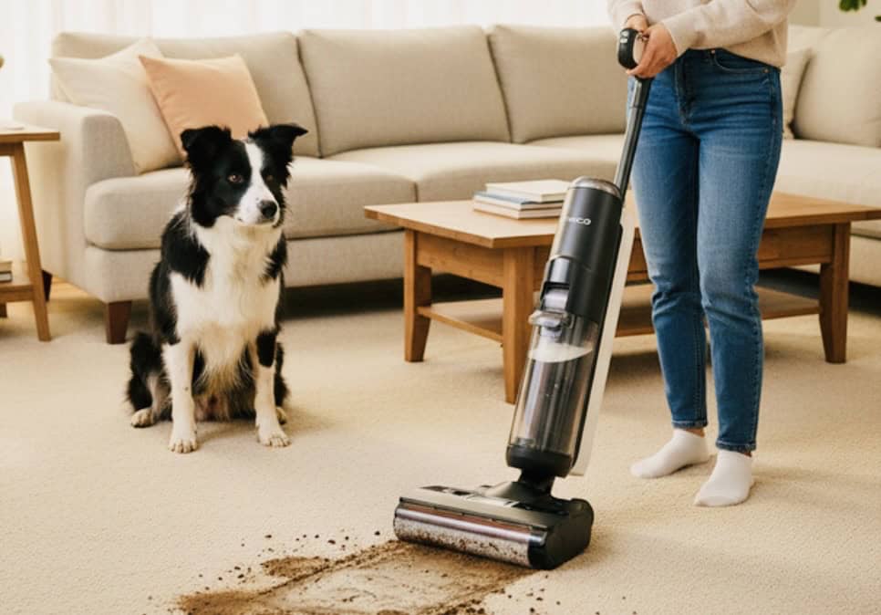 lady in jeans vacuuming mud off the carpet her black and white dog brought into the house. click on picture link to purchase wet and dry vacuum online.