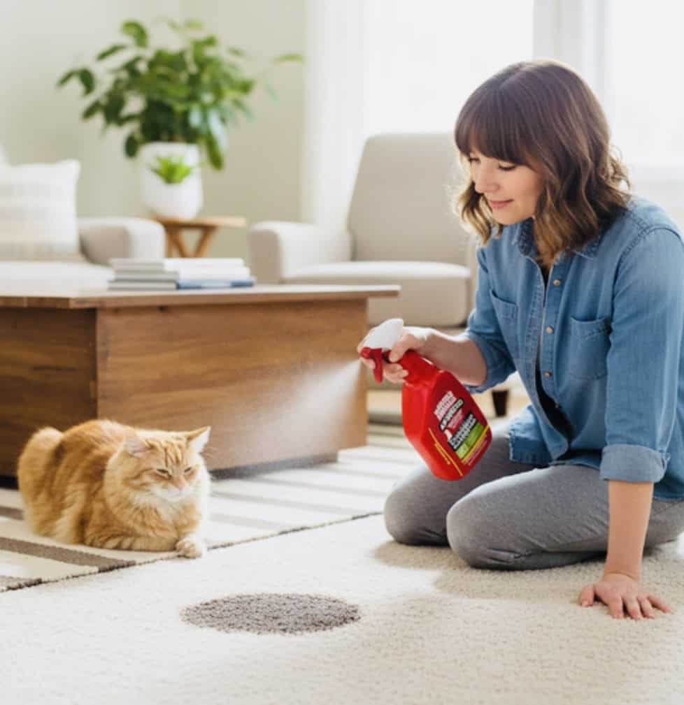 lady with denim top spraying cat urine eliminator on stain in lounge room with ginger cat.