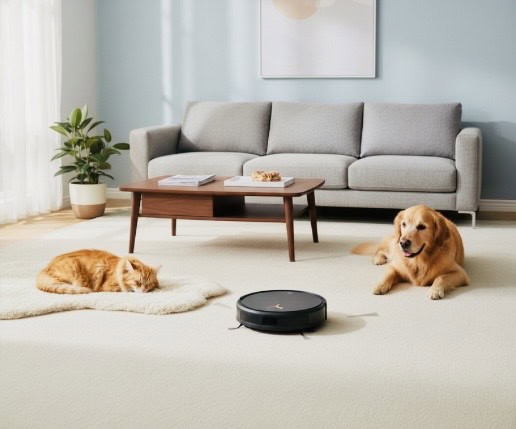 ginger cat and golden retriever dog sitting in lounge room on beige carpet near grey couch and black robot vacuum.