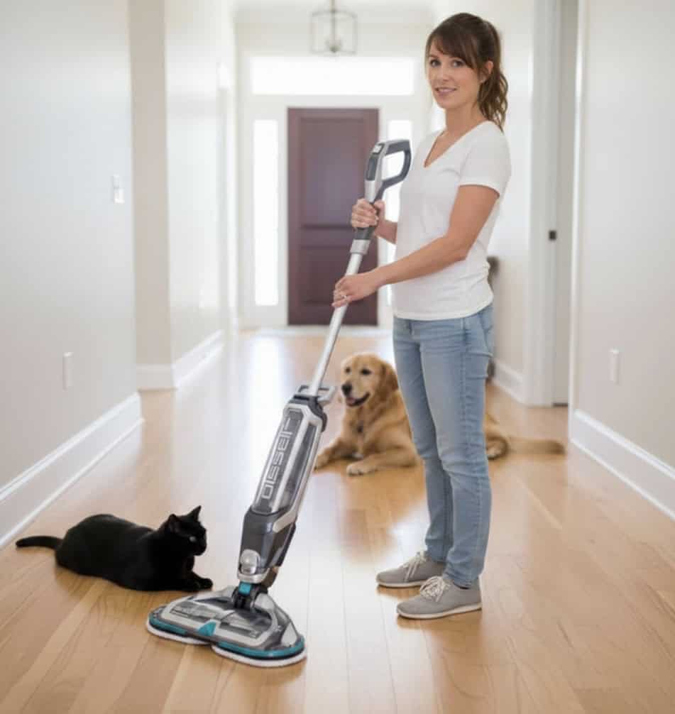 lady in jeans and white shirt with steam cleaner on wooden floor with cat and dog